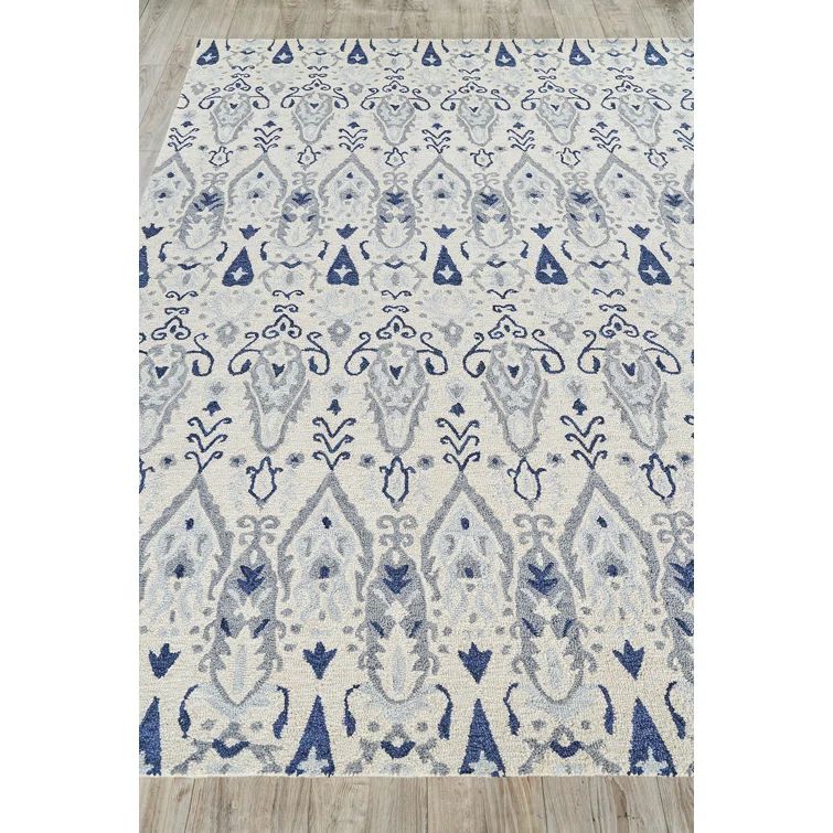 Hand Tufted Ivory and Blue Wool Area Rug, 10' x 14'