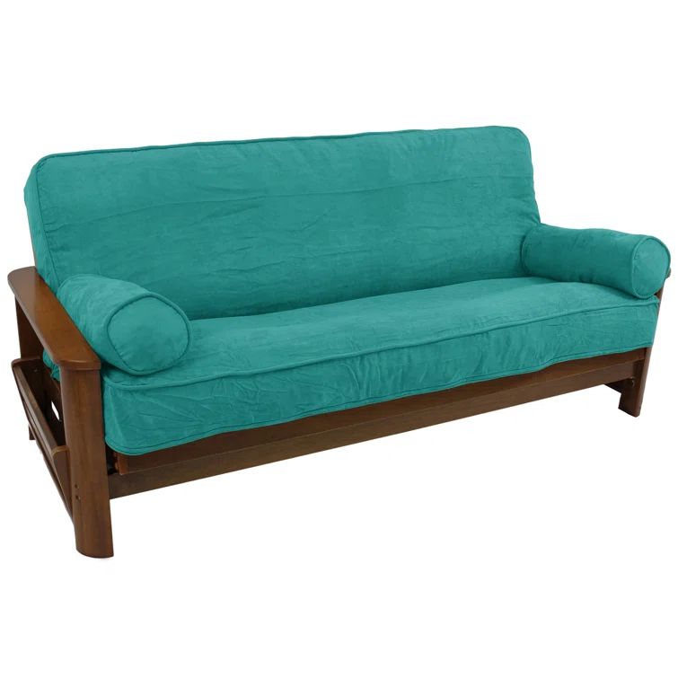 Aqua Blue Polyester Box Cushion Futon Slipcover Set with Bolster Pillows
