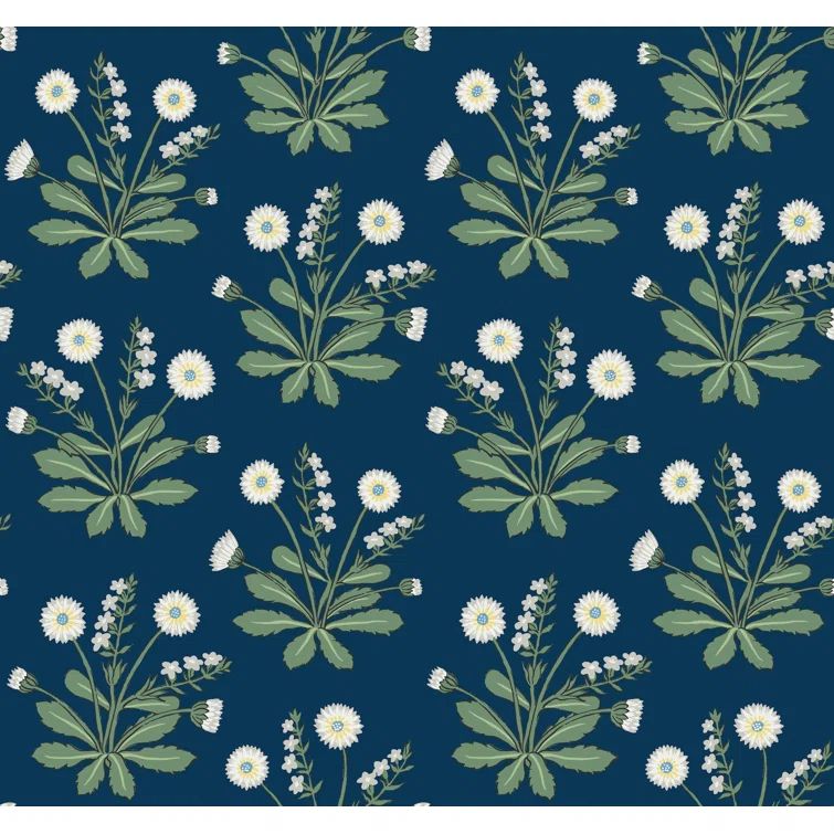 Navy and White Floral Nonwoven Wallpaper Roll