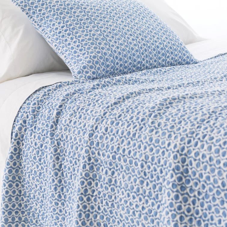 Reversible French Blue Cotton Full Quilt with Geometric Shapes