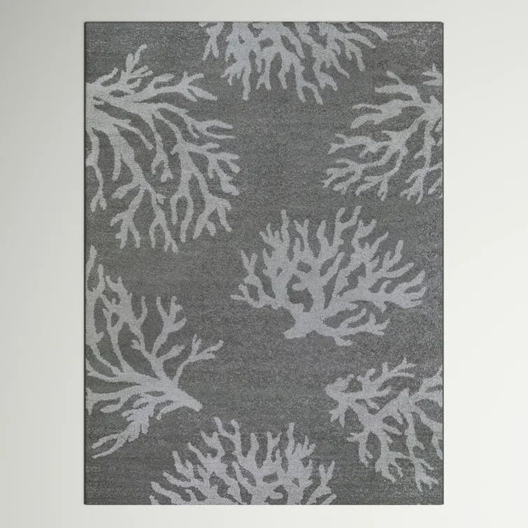 Medium Grey Coastal Coral Print 8' x 10' Synthetic Area Rug