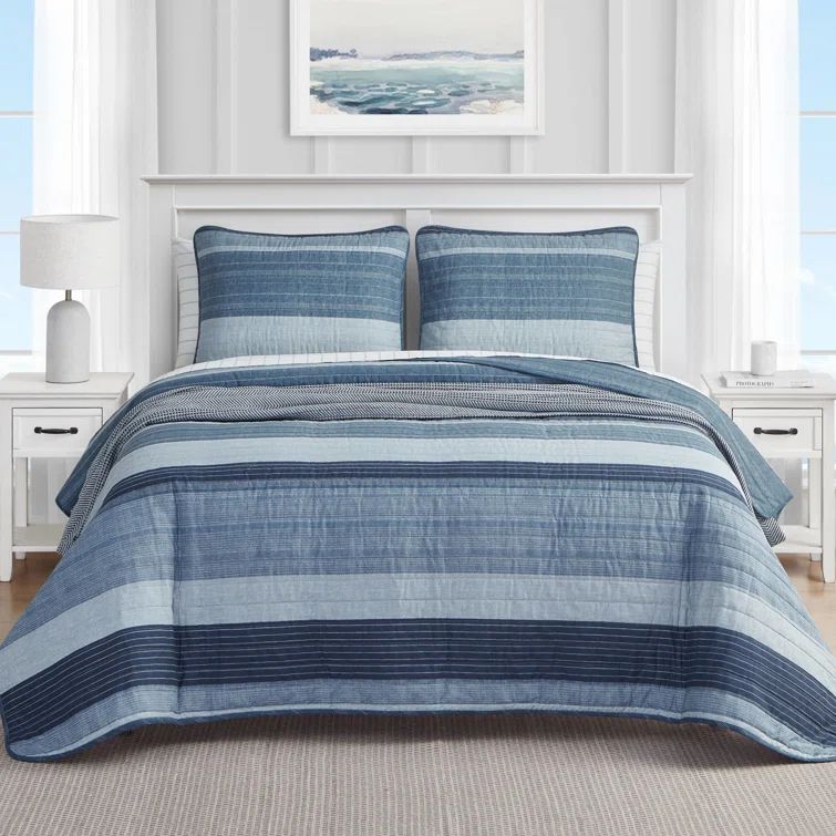 Coastal Stripe Twin Cotton Quilt Set with Reversible Design - Blue