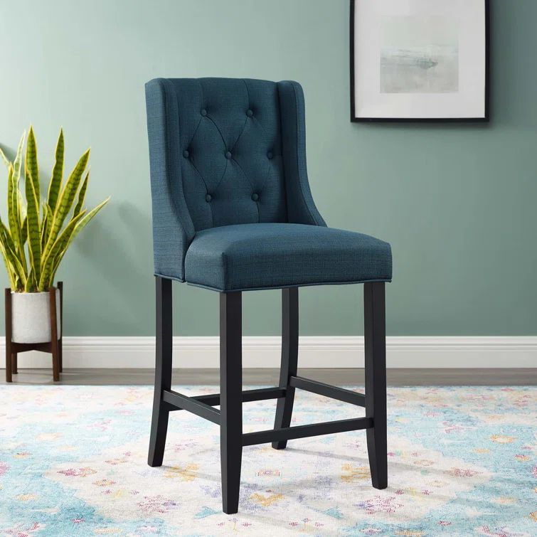 Azure Tufted Button Upholstered Fabric Counter Stool with Solid Wood Legs