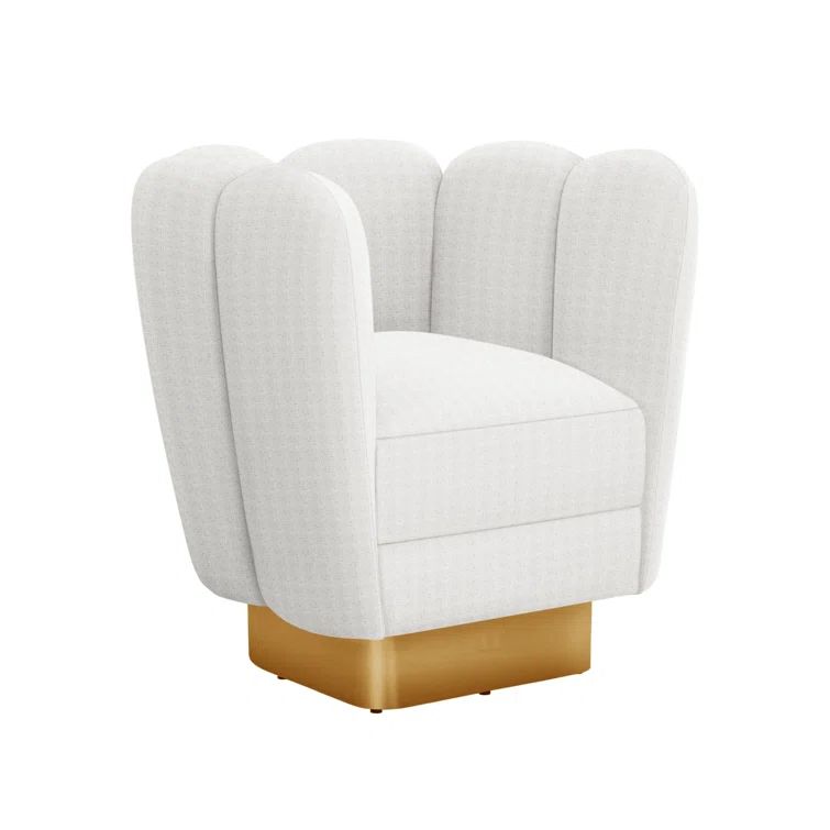 Pearl Faux Linen Handcrafted Swivel Barrel Chair with Polished Brass Base
