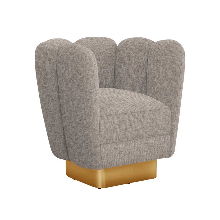 Bungalow Silver Chenille Barrel Swivel Chair with Polished Brass Base