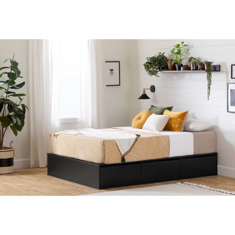 Queen Pure Black Wood Frame Upholstered Platform Bed with 6 Drawers