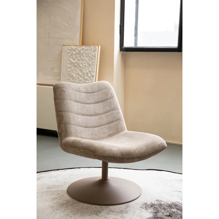 Beige Polyester Blend Swivel Lounge Chair with Metal Base