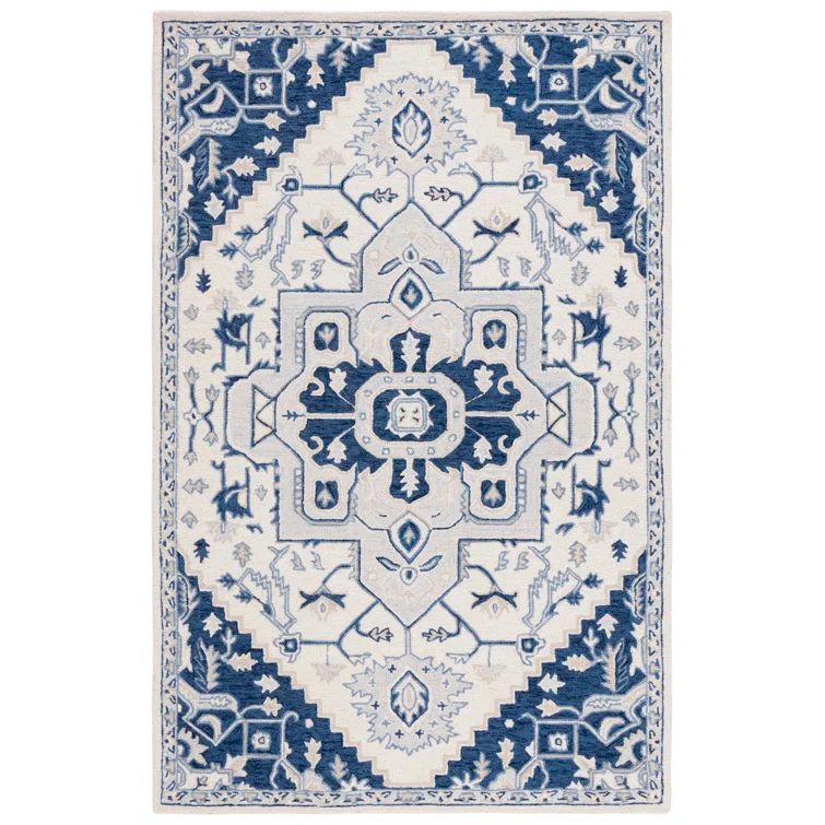 Handmade Ivory and Navy Wool 4' x 6' Oriental Rug