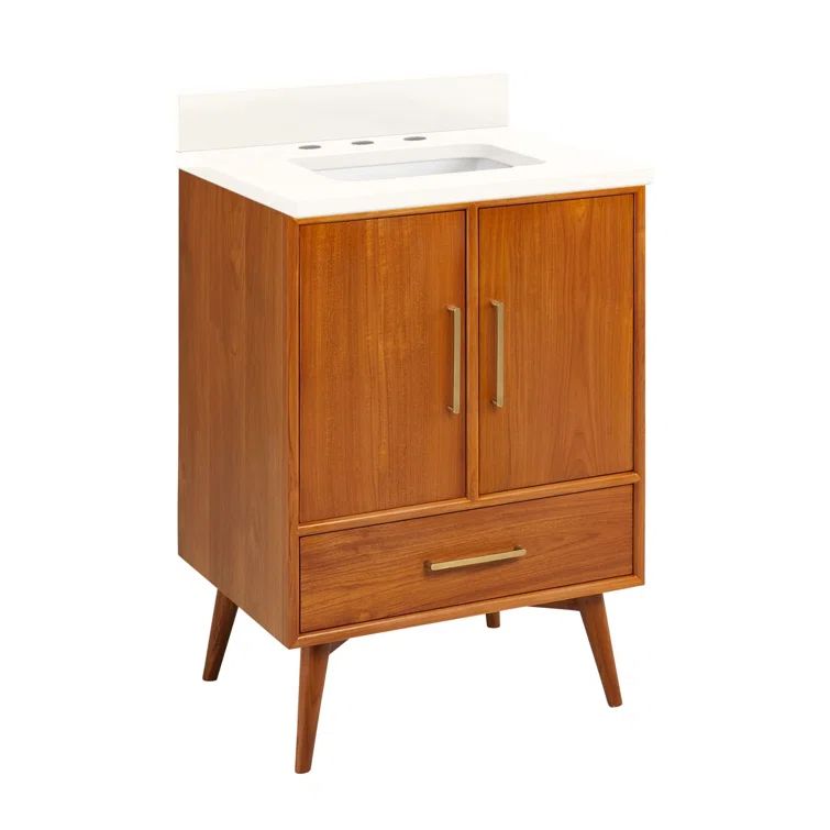 24" Natural Teak Single Bathroom Vanity with Arctic White Quartz Top