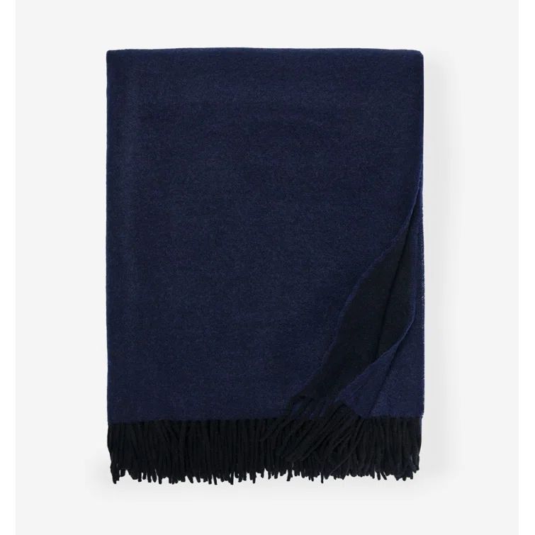 Navy Wool Throw Blanket with Fringe