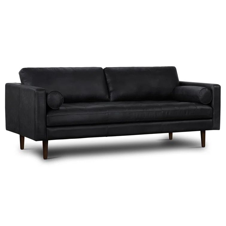 Onyx Black Full-Grain Leather Sofa with Solid Wood Frame
