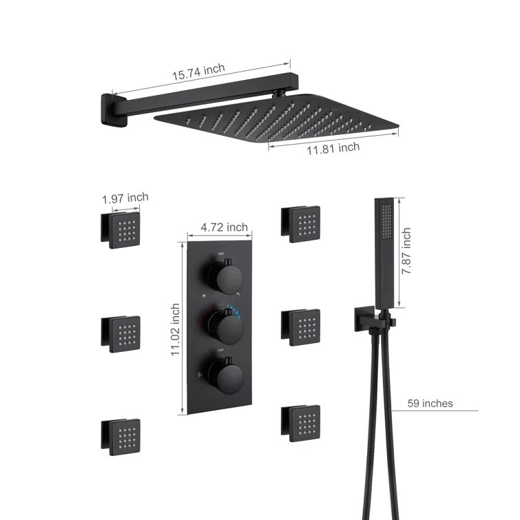 Matte Black Thermostatic Shower System with Handheld Spray and Body Jets