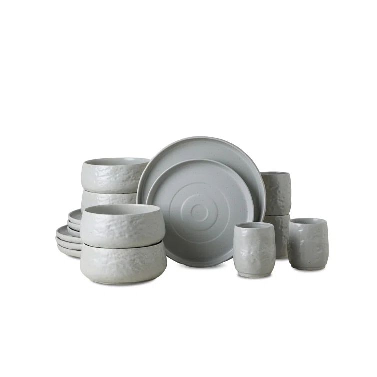 Gray and White Ceramic 16-Piece Textured Dinnerware Set