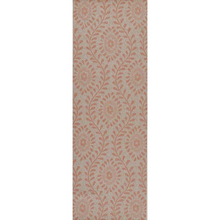 Coral and Beige Floral Stain-Resistant Synthetic Area Rug
