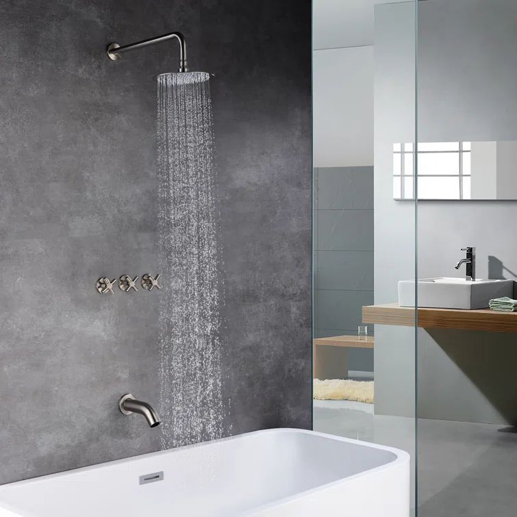 Brushed Nickel Rain Shower System with Triple Cross Handles
