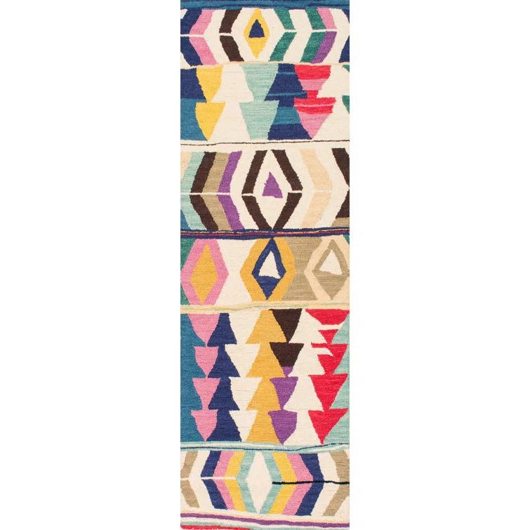Handmade Multicolor Geometric Wool Runner Rug with Canvas Backing