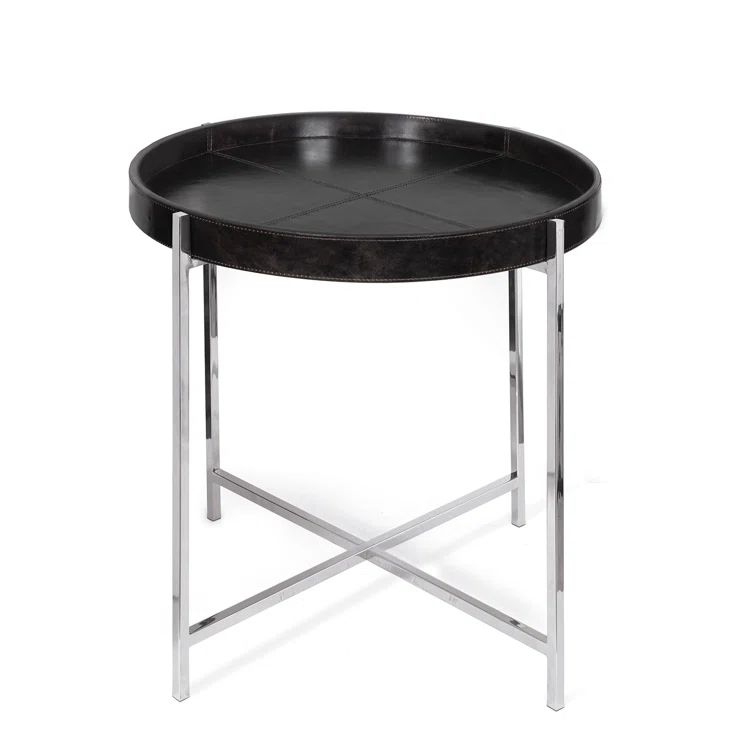 Small Black Round Metal Side Table with Polished Nickel Frame