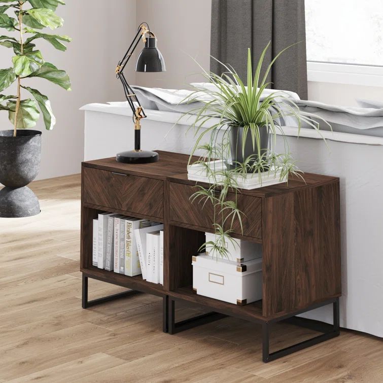 Kensi Rustic Walnut and Black 2-Drawer Nightstand with Matte Metal Base