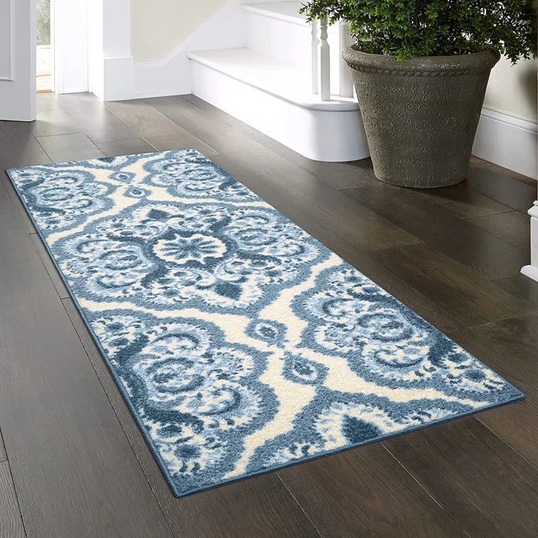 Blue and White Tufted Medallion Runner Rug, 2' x 6'