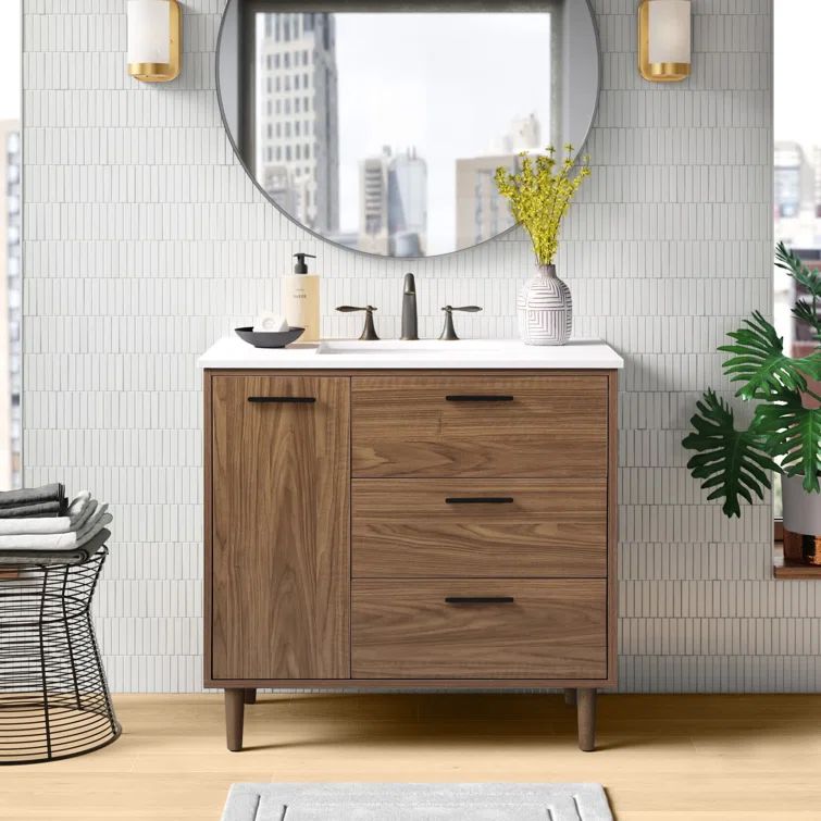 Walnut Freestanding Bathroom Vanity with Porcelain Sink