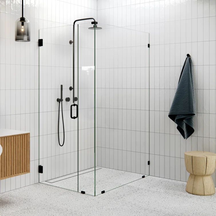Matte Black Frameless Glass Shower Enclosure with Brass Fittings