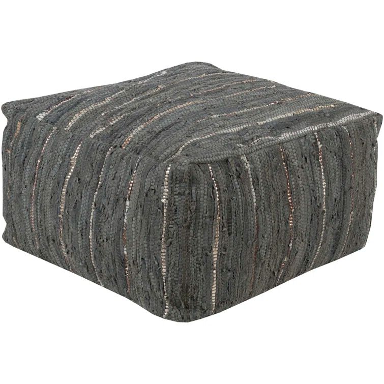 Surya Anthracite 24" Square Leather Pouf in Dark Green and Metallic Silver