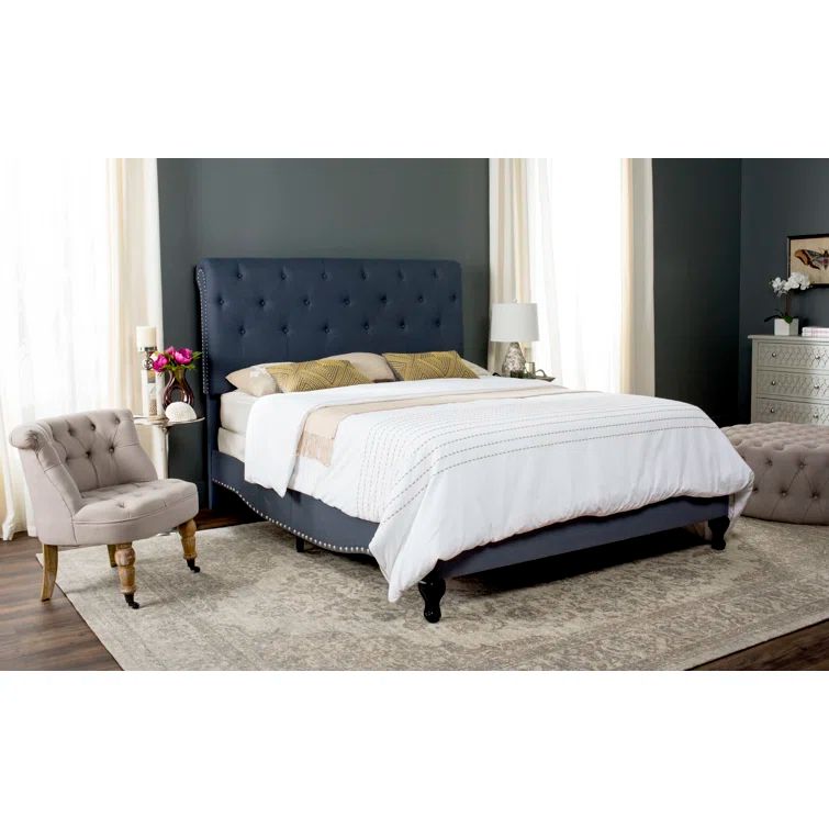 Navy Twin Upholstered Bed with Nailhead Trim and Tufted Headboard