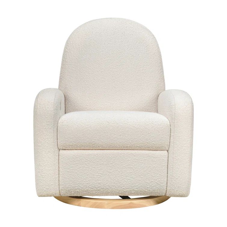 Ivory Boucle Swivel Recliner with Light Wood Base