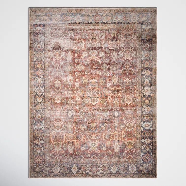 Terracotta and Blue Geometric Synthetic 9' x 12' Area Rug