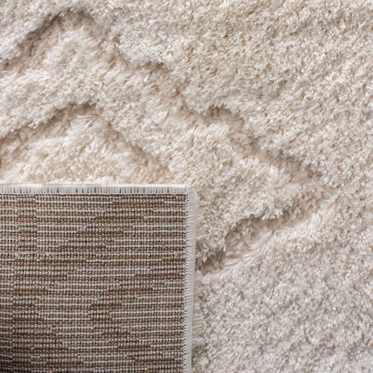 Ivory/Beige 5' Square Hand-knotted Geometric Shag Rug