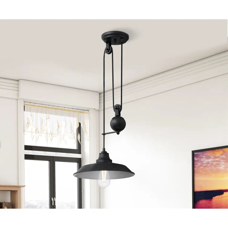Matte Black Industrial Pulley Pendant Light with Glass Shade