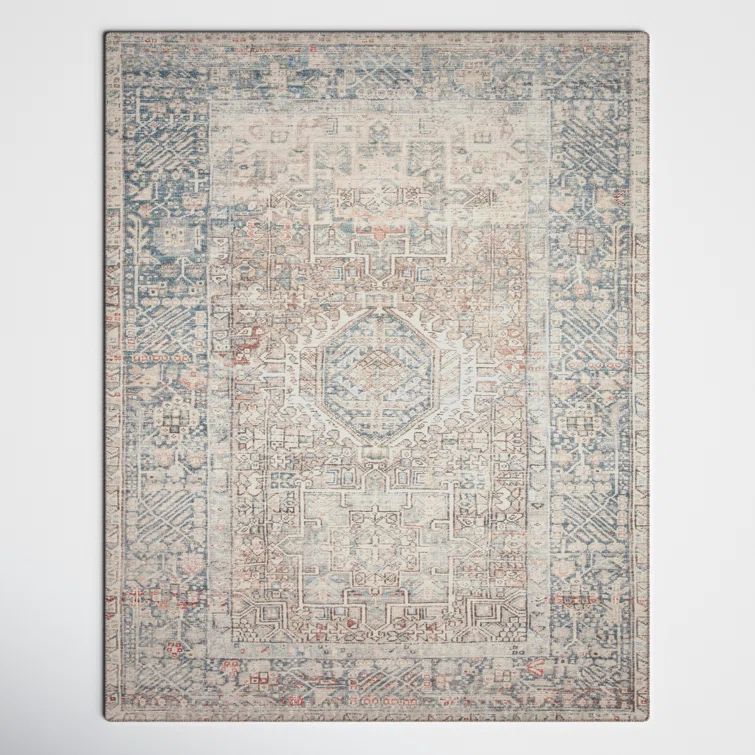 Ocean Blue Vintage-Inspired 7'6" x 9'6" Low-Pile Area Rug