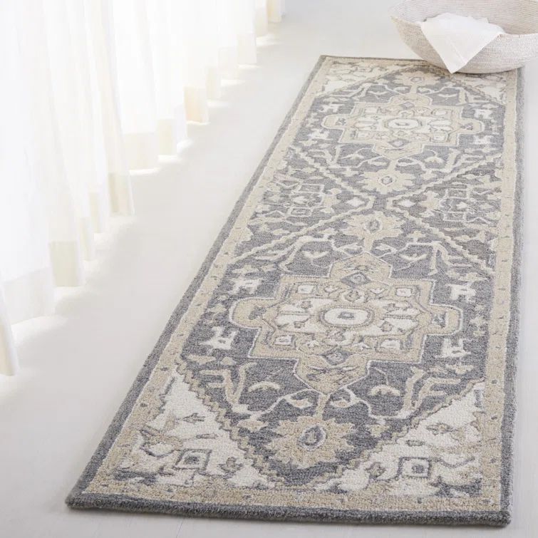Handmade Grey and Ivory Wool Cotton Runner Rug