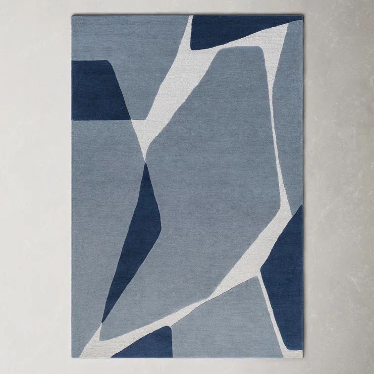 Handmade Blue Wool Abstract Rectangular 8' x 10' Rug
