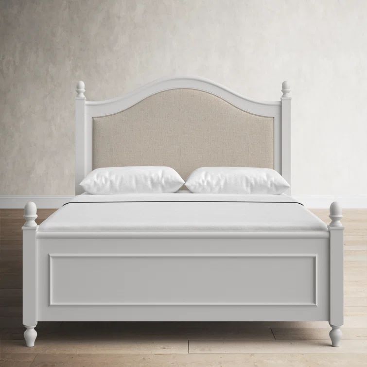 Elegant Transitional Queen Poster Bed with Linen Upholstered Headboard in White