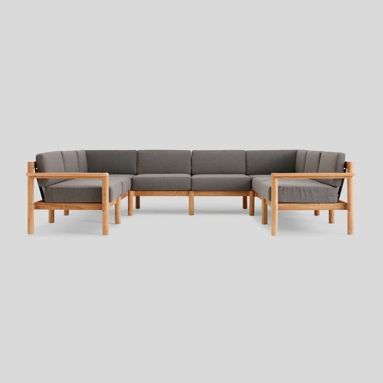 Haven 8-Piece Teak U-Shaped Outdoor Sectional with Greystone Sunbrella Cushions