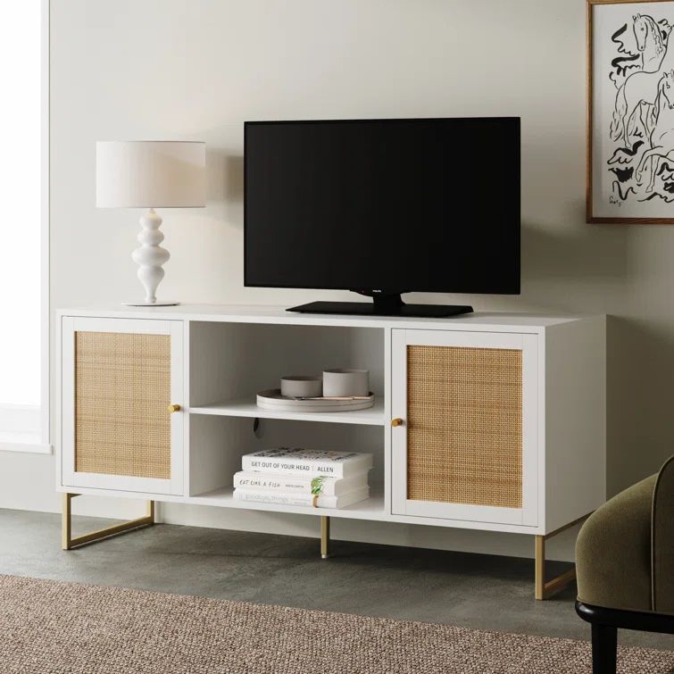 White and Gold Rattan Door TV Stand for 55" TVs