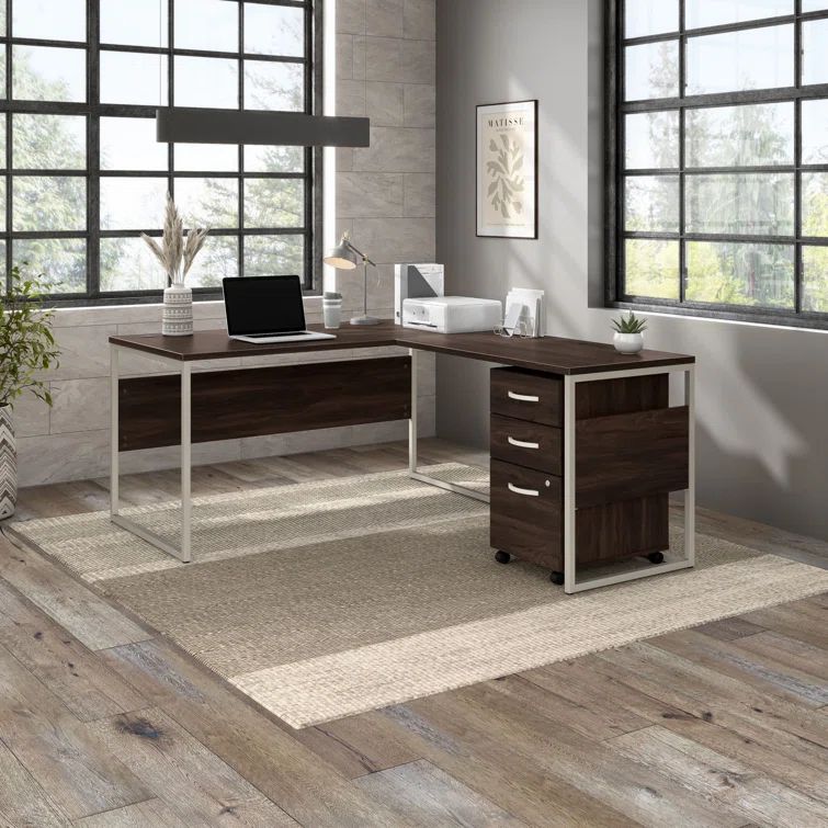 Hybrid Black Walnut L-Shaped Desk with Metal Legs and Drawers