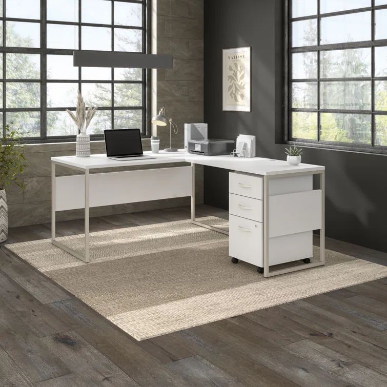 White Engineered Wood L-Shaped Desk with Metal Legs and Drawers