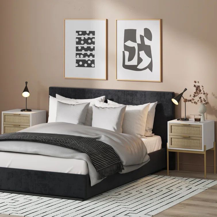White and Gold 2-Drawer Rattan Nightstand Set