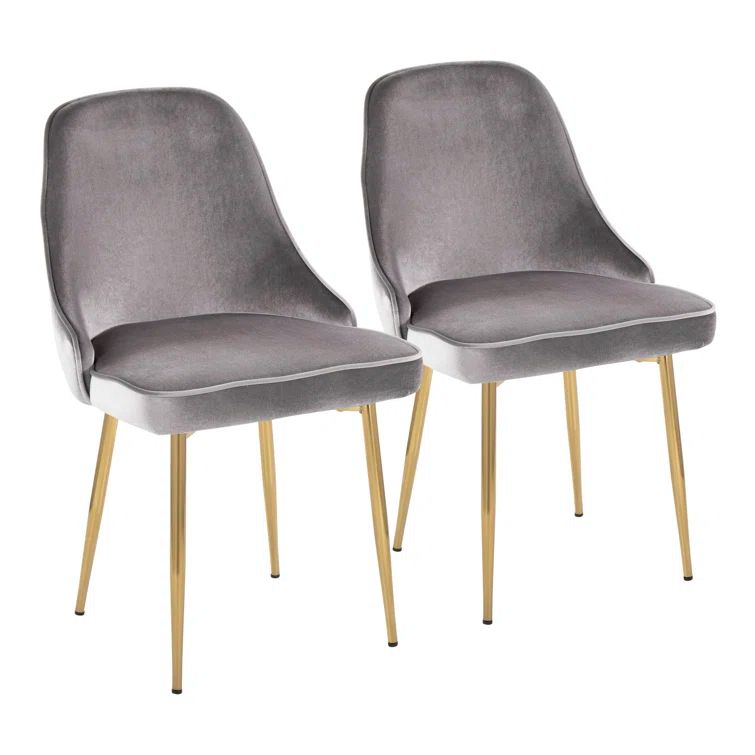 Set of 2 Gray Velvet Upholstered Dining Chairs with Gold Tapered Legs