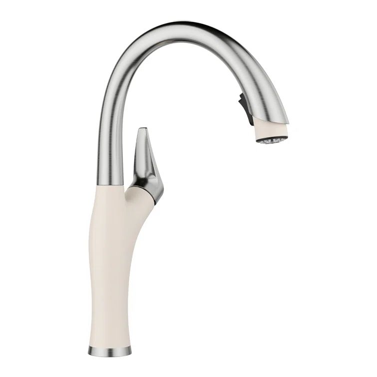 Soft White and PVD Steel Pull-Down Kitchen Faucet with Dual Spray