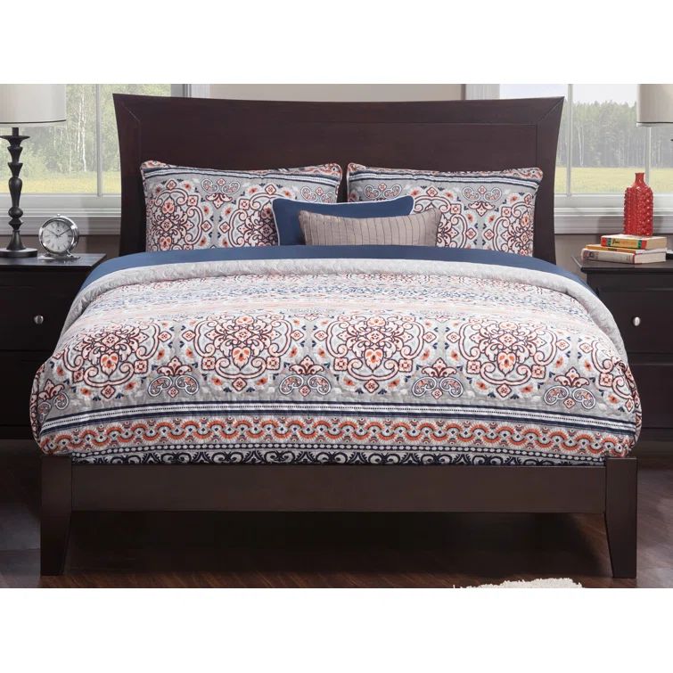 Espresso Queen Wood Platform Bed with Upholstered Headboard