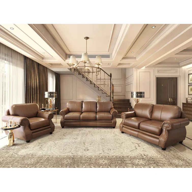 Charleston Chestnut Brown Leather 3-Piece Living Room Set