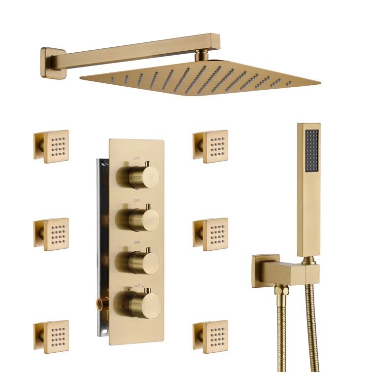Brushed Gold Dual Square Wall Mounted Shower System with Body Jets