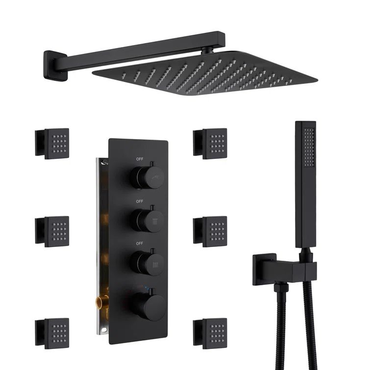Matte Black Stainless Steel Wall Mounted Shower System with 6 Body Jets