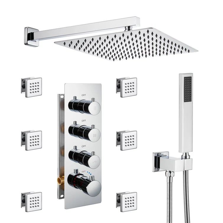 Chrome Wall Mounted Shower System with 6 Body Jets