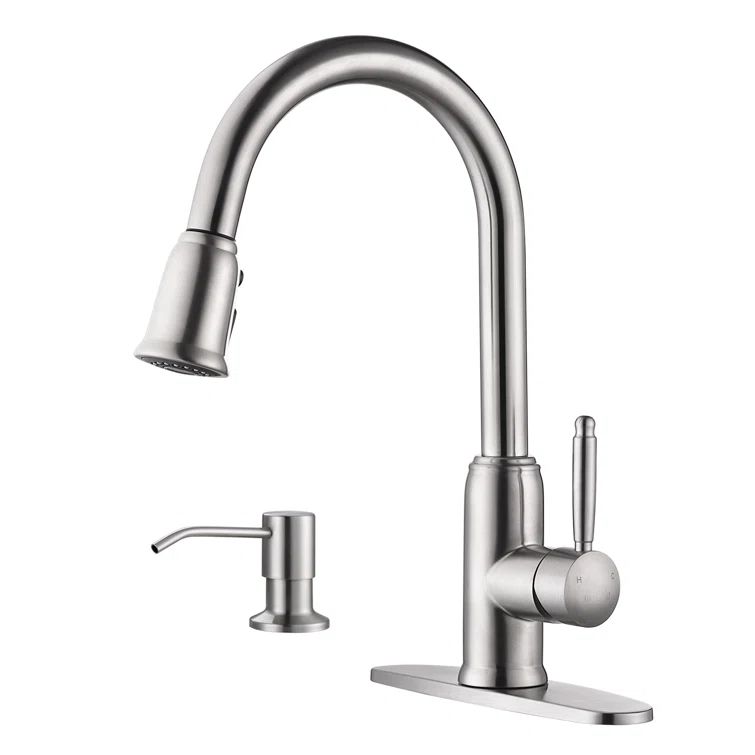 Brushed Nickel Stainless Steel Pull-Down Kitchen Faucet with Soap Dispenser