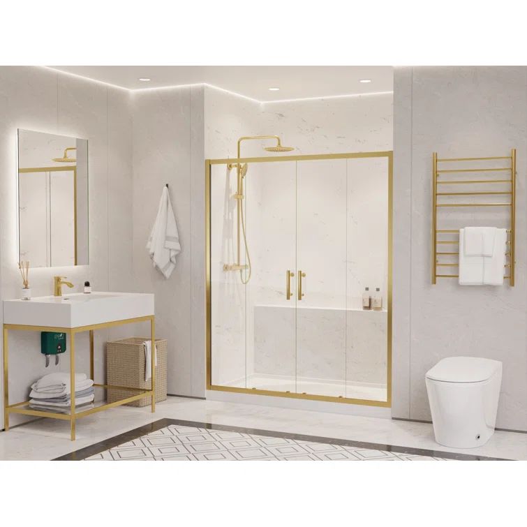 Brushed Gold Framed Double Sliding Shower Door with Clear Glass