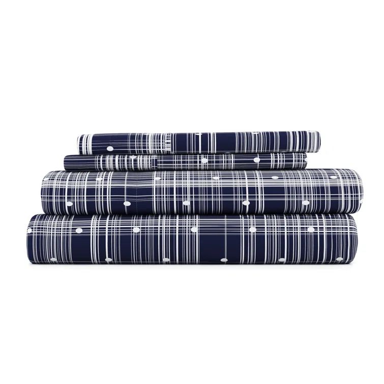 Navy and White Plaid Polka Dot Twin Microfiber Sheet Set